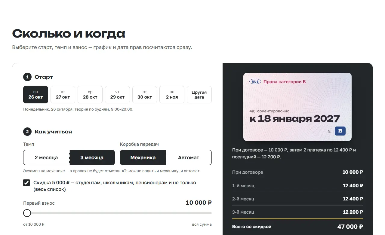 Расчёт графика оплаты и даты получения прав